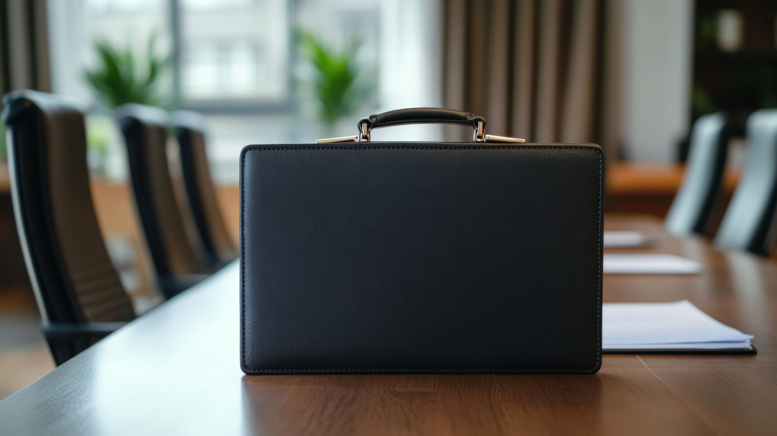 A black briefcase sits on a wooden conference table with chairs and paperwork in the background.